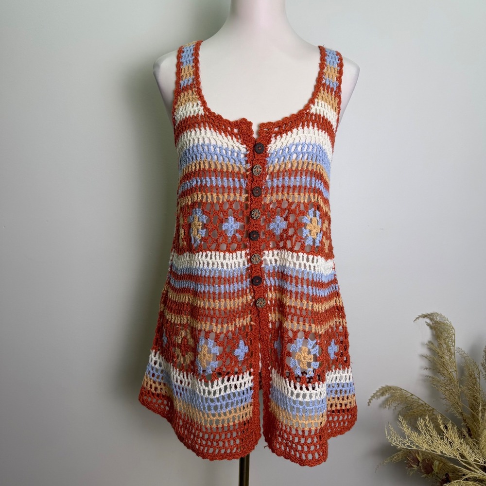 Pol Gram Small Crochet Open Knit Button Front Vest Tank Top Rust Blue Boho